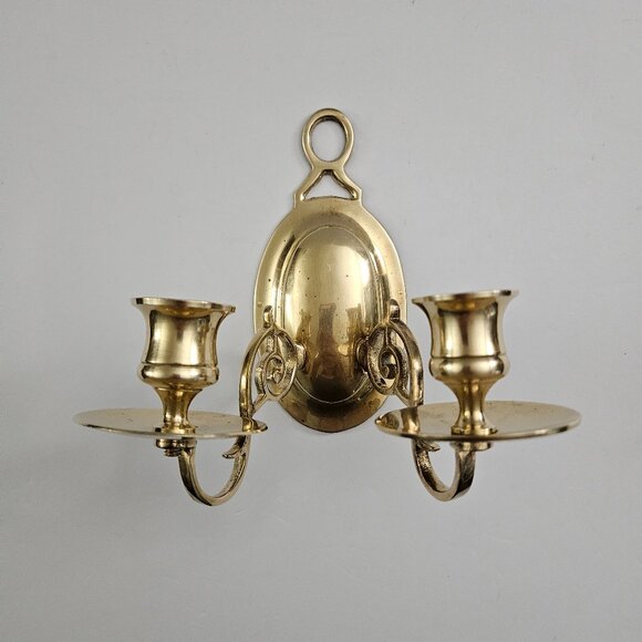 Vtg Solid Brass Candle Holder Double Ornate Scrolled Wall Sconce 6.25”t x 6.5"w - Picture 1 of 16